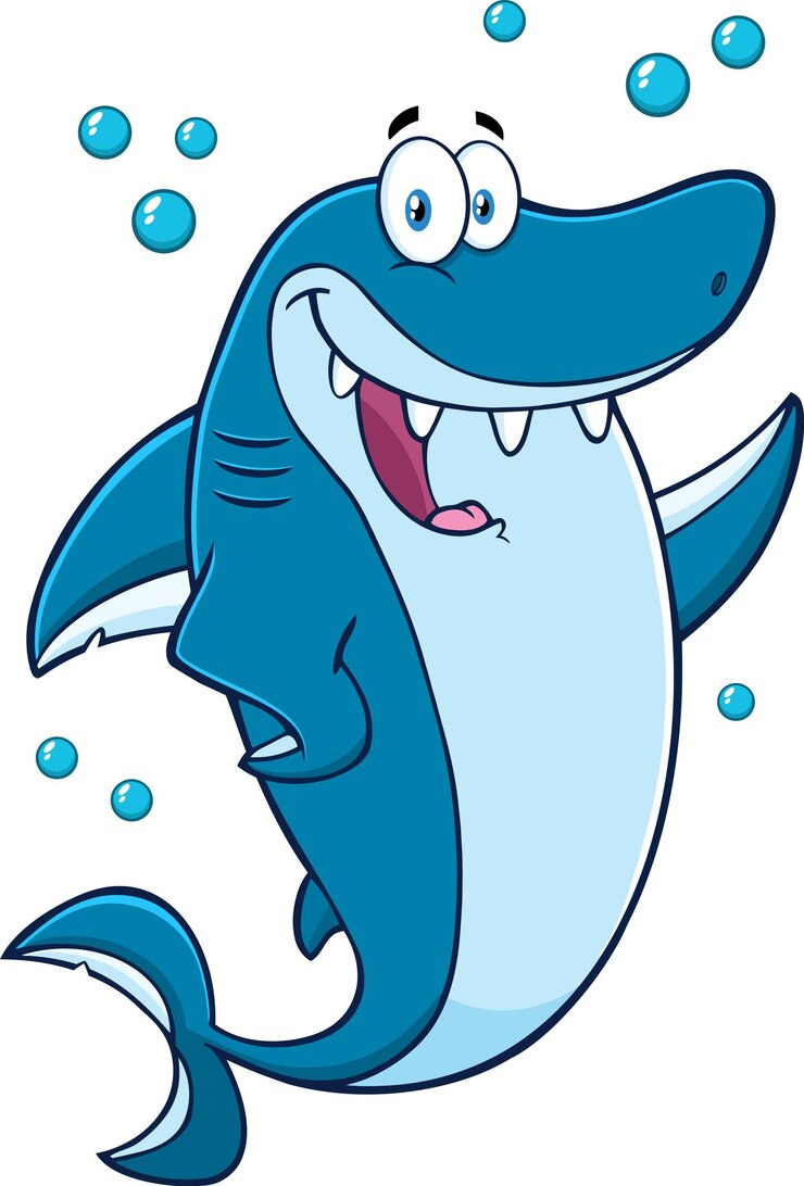 Vector carácter feliz de la mascota de la historieta del tiburón azul que agita para saludar. ilustración vectorial
