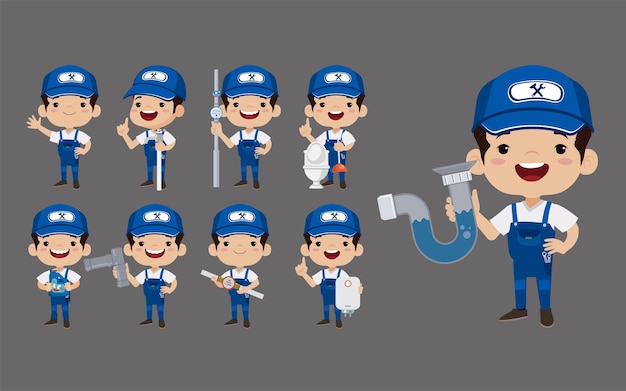 Carácter de fontanero con diferentes poses.