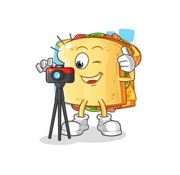 Carácter de fotógrafo de sandwich. vector de mascota de dibujos animados