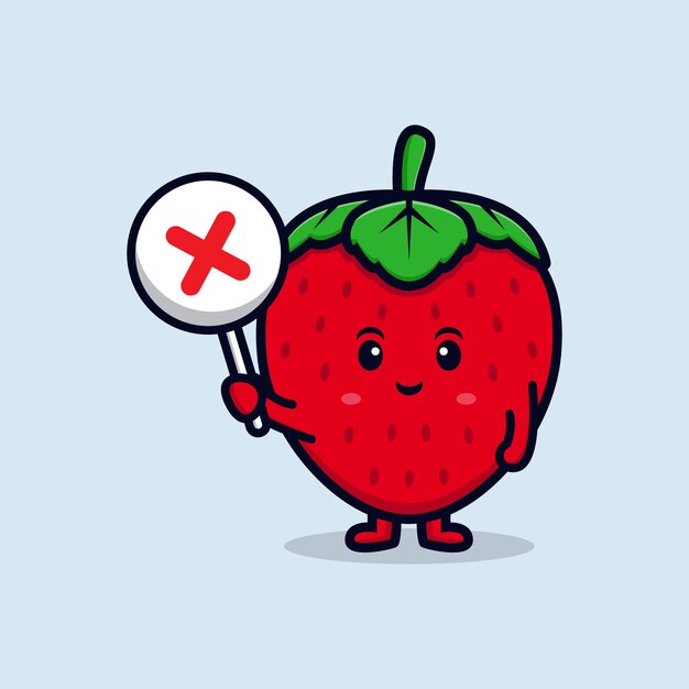 Carácter de fresa lindo con signo incorrecto o ilustración de icono plano de signo de cruz