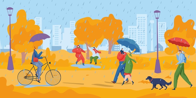 El carácter de la gente camina juntos en el parque de la ciudad de otoño clima lluvioso descanso estilo de vida paseo naranjo jardín plano vector ilustración