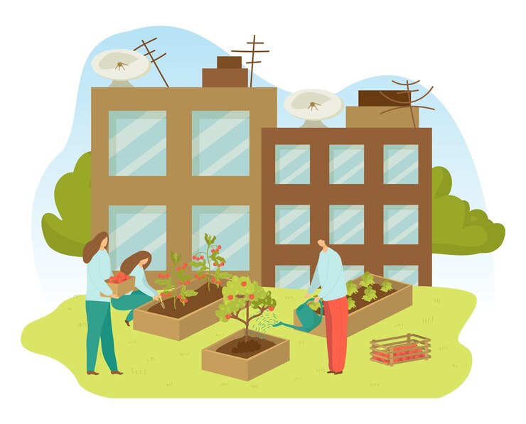 Vector el carácter de la gente juntos cultiva un jardín orgánico verde cuidado femenino masculino vector plano cuadrado