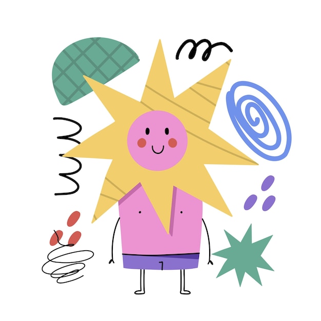 Carácter geométrico abstracto Figura de estrella básica con caras lindas piernas y manos mascota gráfica divertida Criatura infantil moderna Cartel o pancarta objetos aislados vector ilustración de garabato de dibujos animados