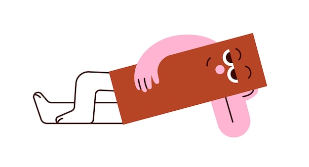 Carácter geométrico figura rectangular divertida que yace escalofriante y relajante elemento de geometría con expresión de humor mirando y viendo niños ilustración vectorial plana aislada sobre fondo blanco
