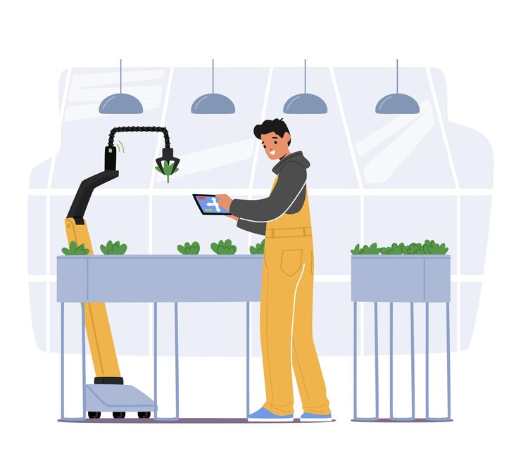 Vector carácter de granjero plantando plántulas utilizando tecnologías robóticas automatizadas y control inteligente de iot para invernadero y granja