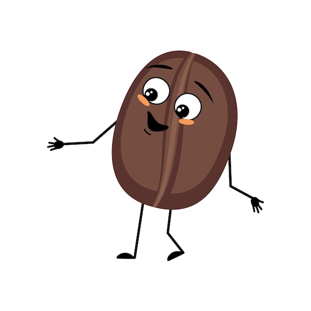 Carácter de grano de café con emoción feliz cara alegre sonrisa ojos brazos y piernas Persona con expresión comida emoticono Vector ilustración plana
