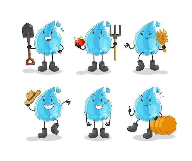 Carácter de grupo de agricultores de gota de agua. vector de mascota de dibujos animados