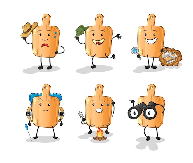 El carácter del grupo de aventuras del mantel individual de madera. vector de mascota de dibujos animados