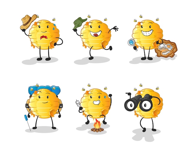 Carácter del grupo de aventuras de nido de abeja. vector de mascota de dibujos animados