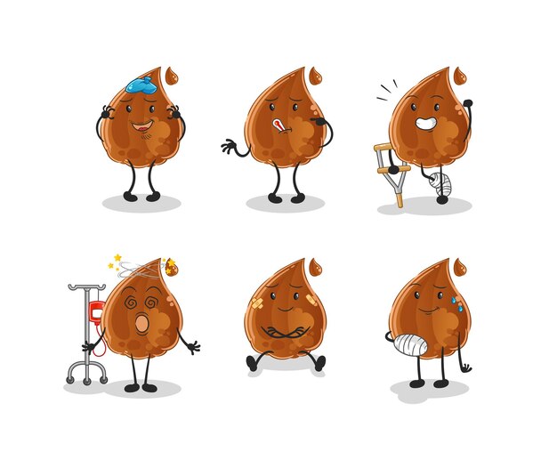 Carácter de grupo enfermo de gota de chocolate. vector de mascota de dibujos animados