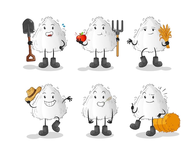 Carácter del grupo de granjeros Onigiri. vector de mascota de dibujos animados
