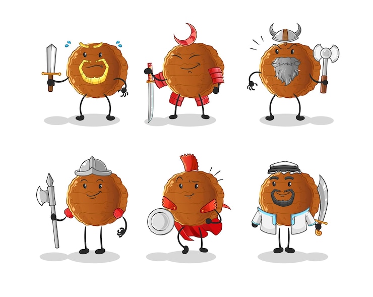 Vector carácter de grupo de guerreros de carne de hamburguesa. vector de mascota de dibujos animados