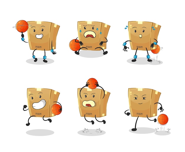 Carácter de grupo de jugador de baloncesto de caja de cartón. mascota vectorial