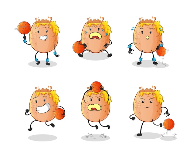 Carácter de grupo de jugador de baloncesto de huevo roto. vector de mascota