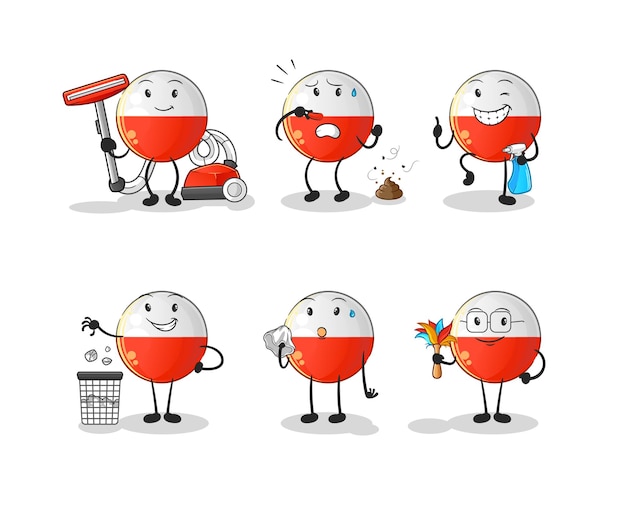 Carácter de grupo de limpieza de bandera de Polonia. vector de mascota de dibujos animados
