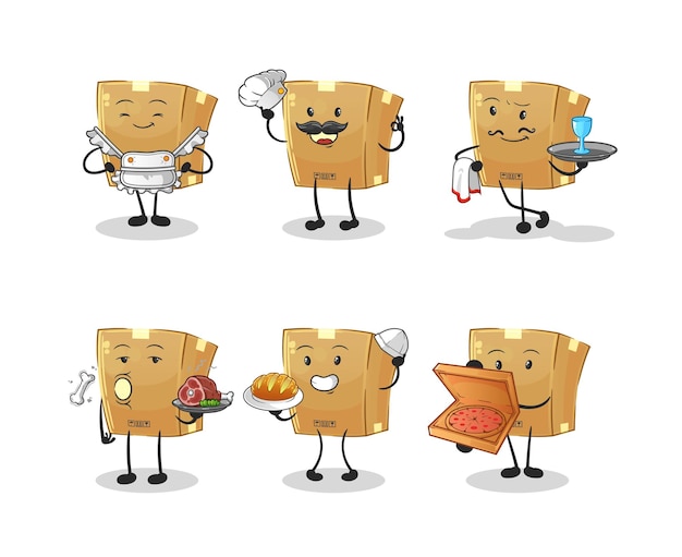 Carácter de grupo de restaurante de caja de cartón. vector de mascota de dibujos animados