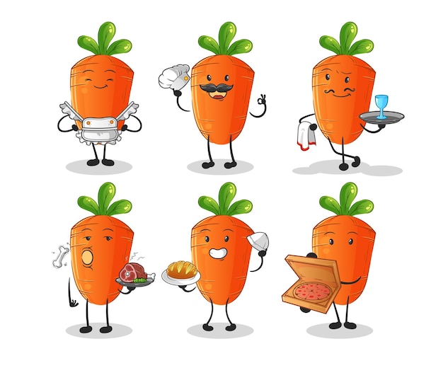 carácter de grupo de restaurante de zanahoria. vector de mascota de dibujos animados