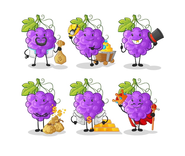 El carácter de grupo rico en uva. vector de mascota de dibujos animados
