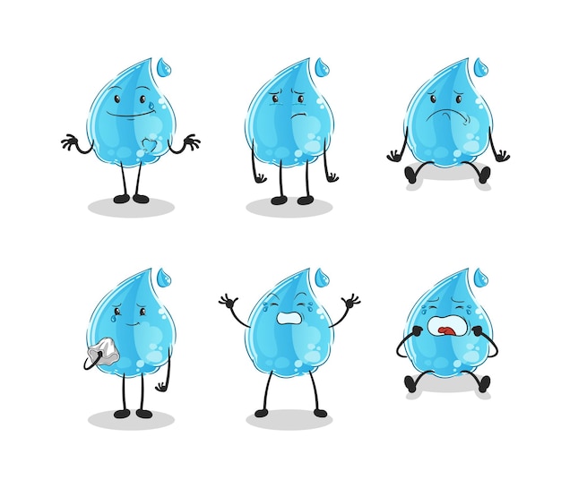 Carácter de grupo triste gota de agua. vector de mascota de dibujos animados