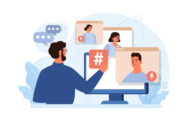 Caracter Hashtag usando dispositivo digital para enviar publicaciones y compartirlas en redes sociales globales