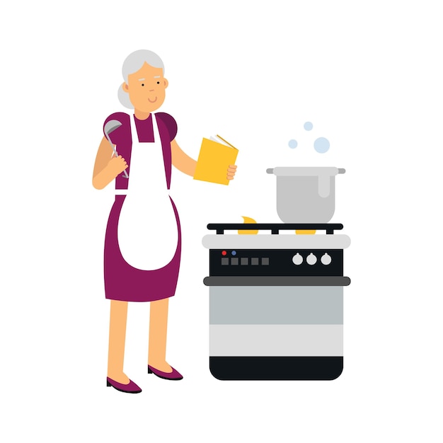 Carácter de hermosa mujer senior cocinando en el vector colorido de la cocina ilustración sobre un fondo blanco