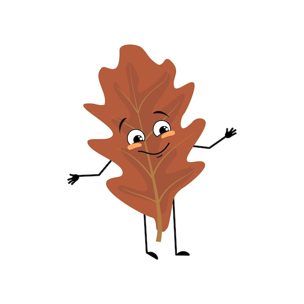 Carácter de hoja de roble con emociones alegres sonrisa en la cara ojos felices brazos y piernas Planta de bosque alegre en color marrón otoñal Ilustración plana vectorial