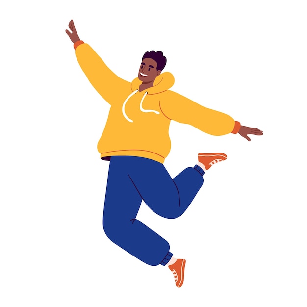 Carácter de hombre feliz saltando de alegría en ropa moderna ilustración de vector plano