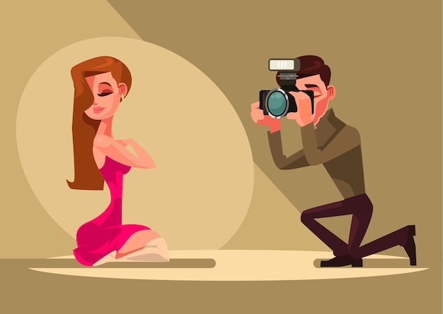 Carácter de hombre fotógrafo toma foto de mujer modelo.