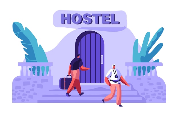 Vector carácter de hombre llega al edificio del albergue con bolsa. concepto de viajes internacionales. turista con cámara caminando afuera. personas que reservan hotel para vacaciones ilustración vectorial de dibujos animados planos