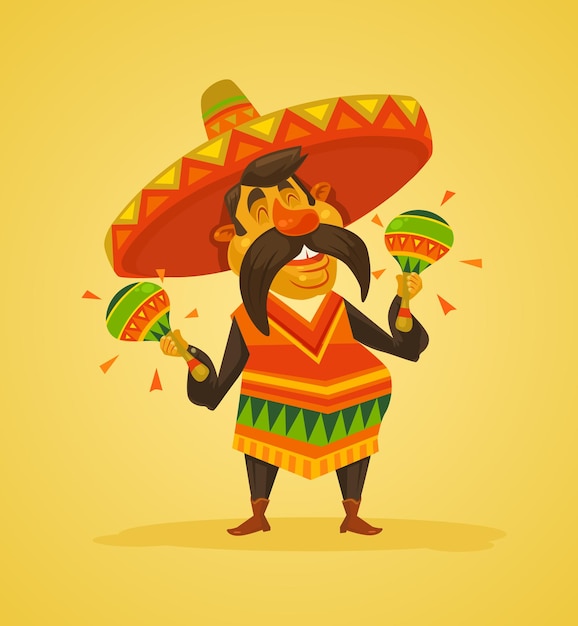 Carácter de hombre mexicano con maracas. ilustración de dibujos animados plana