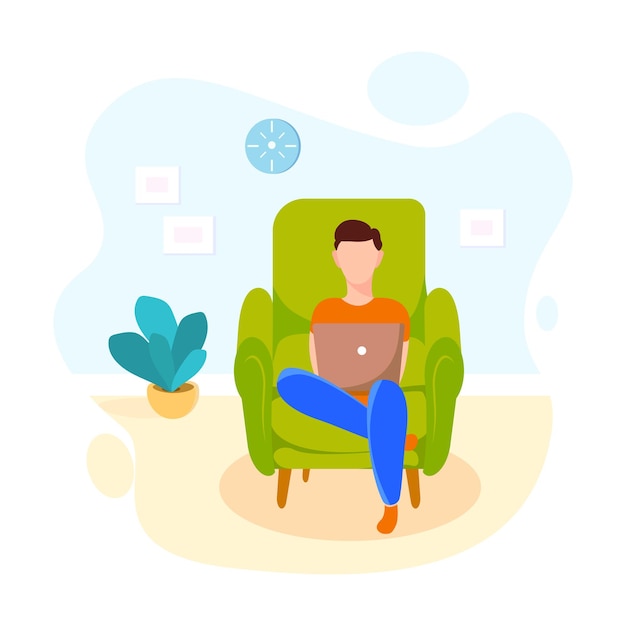 Carácter de hombre sentado en sillón acogedor oficina en casa interior sala de estar trabajo en línea freelance portátil hobby en línea web dibujos animados concepto plano