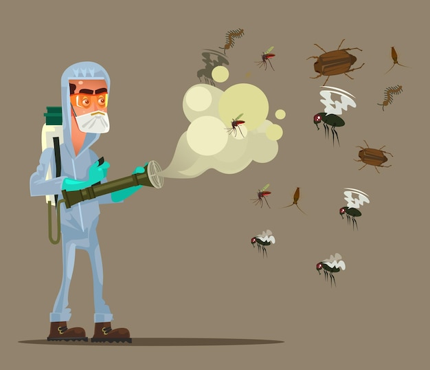 Vector carácter de hombre de servicio de control de plagas tratando de matar insectos ilustración de dibujos animados