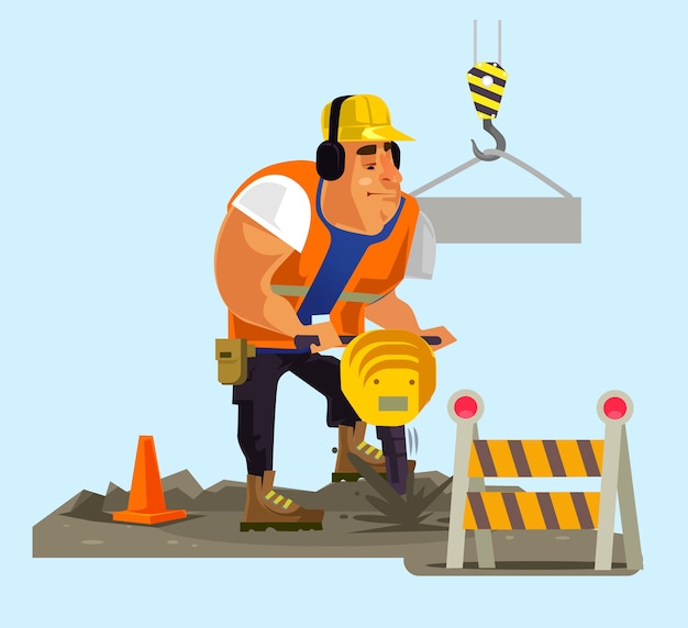 Carácter de hombre trabajador constructor trabajando, ilustración de dibujos animados plana