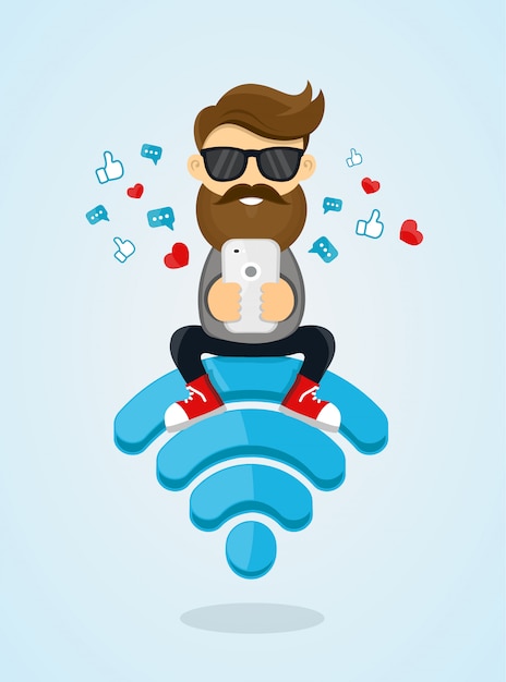 Carácter de hombres jóvenes sentado en el emblema de wi-fi y usando el teléfono inteligente para internet. Internet gratis, punto de acceso, red. ilustración plana enviando un mensaje por chat desde un teléfono inteligente