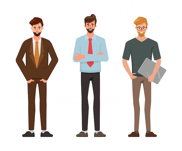 Carácter de los hombres en pose de trabajadores de oficina de hombre de negocios.