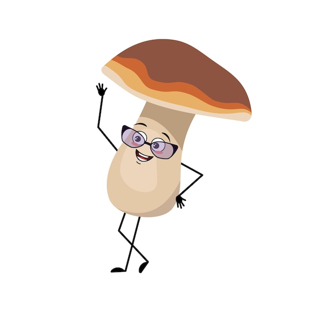 Carácter de hongo lindo con gafas y emociones alegres, cara de sonrisa, ojos felices, brazos y piernas. Una divertida comida sana y saludable, planta forestal.