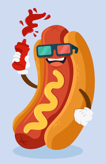 Carácter de hot dog con gafas 3d de cine y salsa de tomate