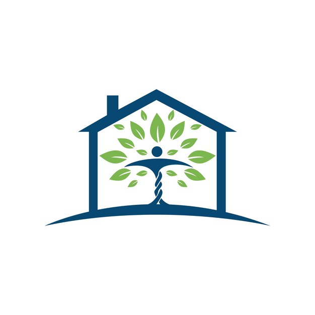 Carácter humano con hojas y diseño de logotipo de casa.