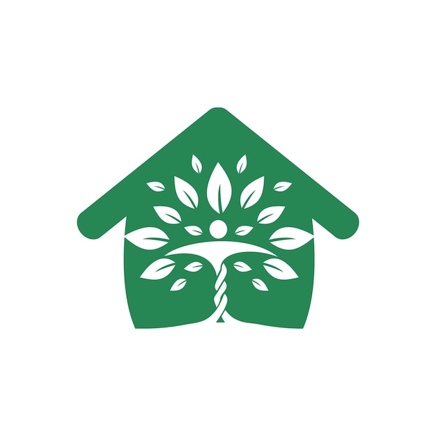 Carácter humano con hojas y diseño de logotipo de casa.