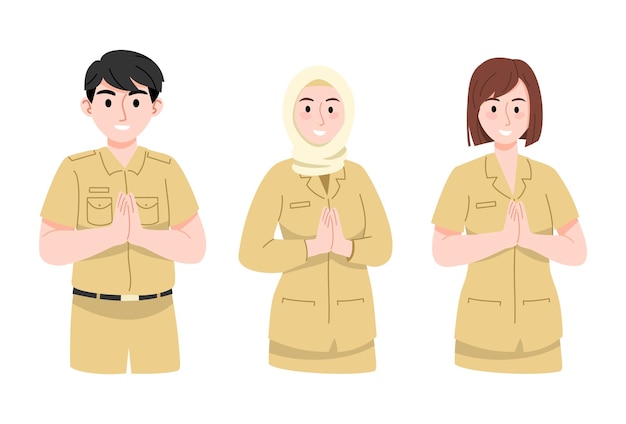 Carácter de ilustración de funcionarios en Indonesia vistiendo uniforme hombre mujer hiyab