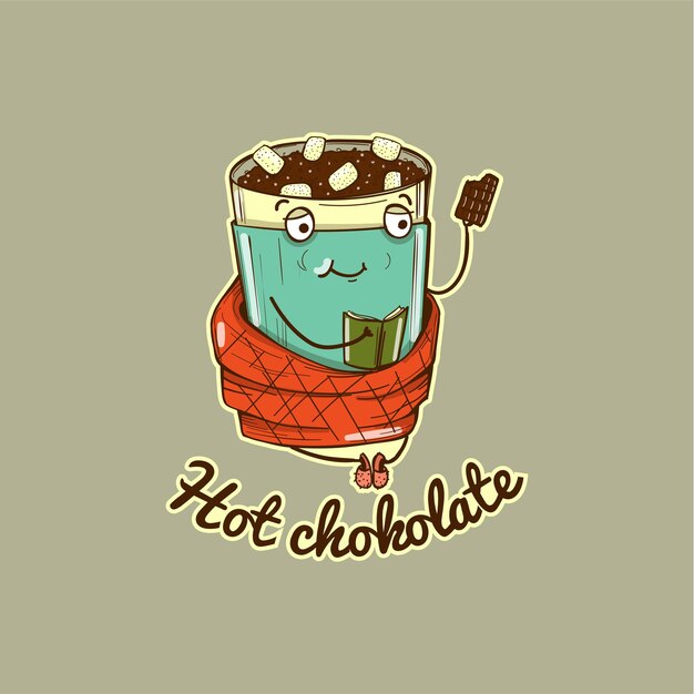 Carácter de ilustración vectorial de calentar chocolate caliente con libro y cuadros, aislado