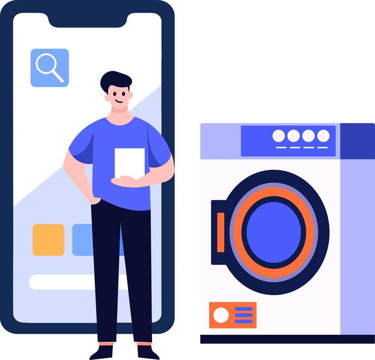 Vector carácter de ingeniero o reparador dibujado a mano con teléfono inteligente en el concepto de reparación en línea en estilo plano aislado en el fondo