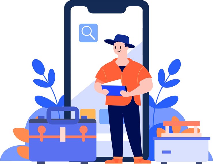 Vector carácter de ingeniero o reparador dibujado a mano con teléfono inteligente en el concepto de reparación en línea en estilo plano aislado en el fondo