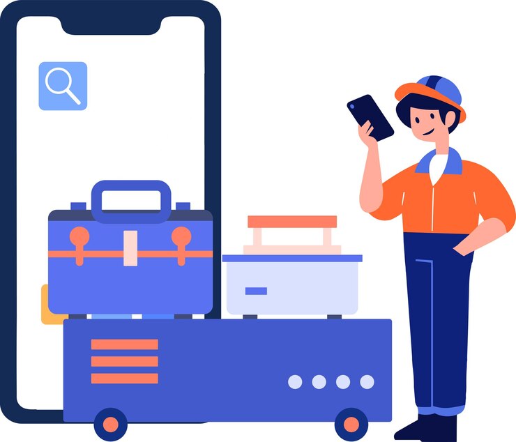 Vector carácter de ingeniero o reparador dibujado a mano con teléfono inteligente en el concepto de reparación en línea en estilo plano aislado en el fondo