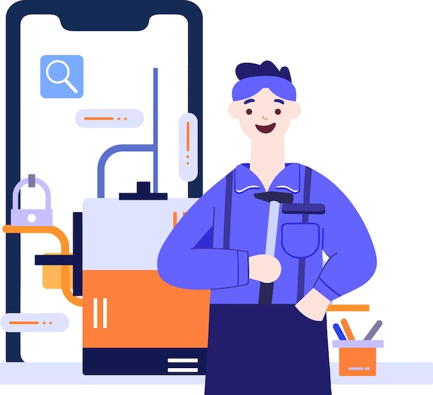 Carácter de ingeniero o reparador dibujado a mano con teléfono inteligente en el concepto de reparación en línea en estilo plano aislado en el fondo
