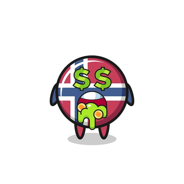 Carácter de la insignia de la bandera de Noruega con una expresión de locura por el dinero, diseño de estilo lindo para camiseta, pegatina, elemento de logotipo