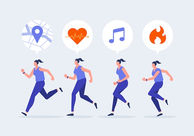 Carácter de jogging de mujeres con reloj inteligente. Estilo de vida saludable con la ilustración de vector de concepto de dispositivos de tecnología.