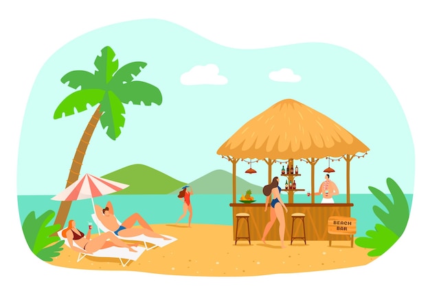 El carácter de los jóvenes juntos se relaja en vacaciones en un país tropical, arena, mar, playa, vacaciones en el extranjero, ilustración vectorial plana aislada en blanco
