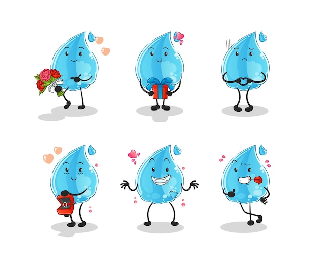 Carácter de juego de amor de gota de agua. vector de mascota de dibujos animados