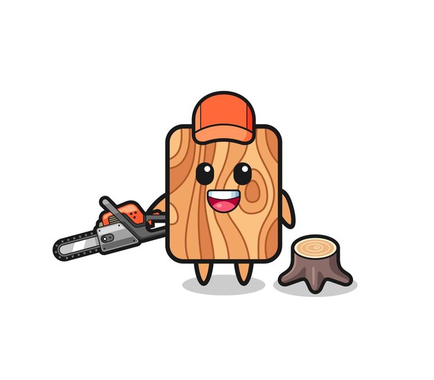 Carácter de leñador de tablones de madera sosteniendo una motosierra